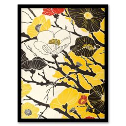 "Artery8 Abstract Tree Branch Wildflowers Design Yellow Framed Art Print - Size: W12"" x H16""" - thumbnail 1