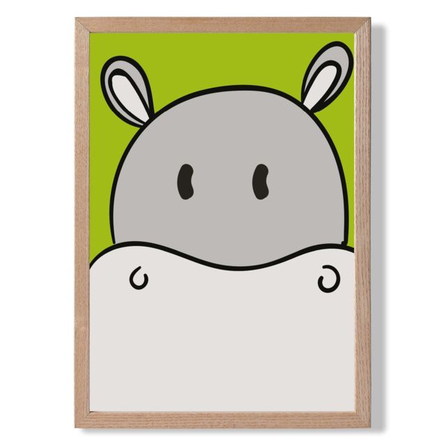ARTZE Cute Cartoon Style Hippo Face Framed Print SIZE: A2 with Oak Frame in Grey - Size: A3 - image 1