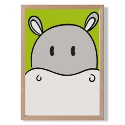 ARTZE Cute Cartoon Style Hippo Face Framed Print SIZE: A2 with Oak Frame in Grey - Size: A3