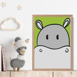 ARTZE Cute Cartoon Style Hippo Face Framed Print SIZE: A2 with Oak Frame in Grey - Size: A3 - thumbnail 2