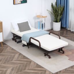 HOMCOM Folding Bed with Mattress Guest Bed with Adjustable Backrest & Wheels in White - Size: Single
