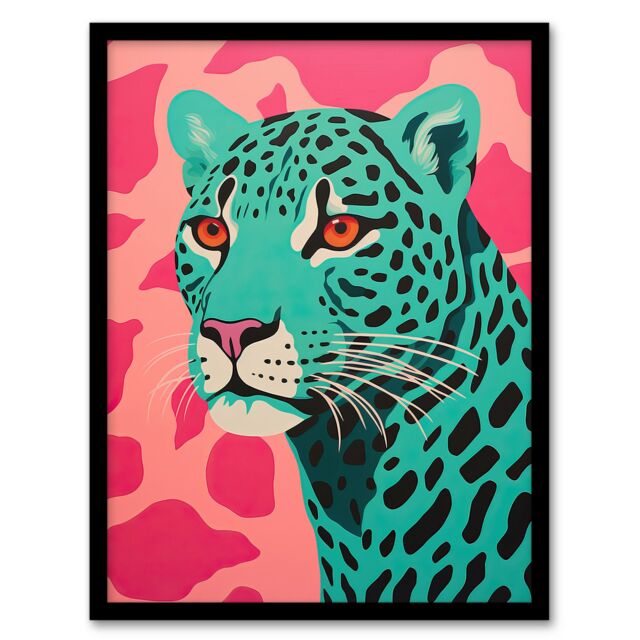 Artery8 Wall Art Print Modern Aqua Green Leopard On Pink Pop Art Style Risograph Artwork Painting Art Framed in Black - Size: A4 - image 1