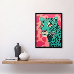 Artery8 Wall Art Print Modern Aqua Green Leopard On Pink Pop Art Style Risograph Artwork Painting Art Framed in Black - Size: A4 - thumbnail 4