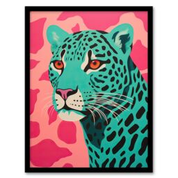 Artery8 Wall Art Print Modern Aqua Green Leopard On Pink Pop Art Style Risograph Artwork Painting Art Framed in Black - Size: A4 - thumbnail 1