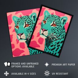 Artery8 Wall Art Print Modern Aqua Green Leopard On Pink Pop Art Style Risograph Artwork Painting Art Framed in Black - Size: A4 - thumbnail 2