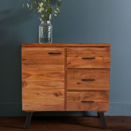 Orsina Small Acacia Sideboard, Natural Acacia Wood 1‑Door & 3‑Drawer Buffet Cabinet, Industrial Black Storage Unit