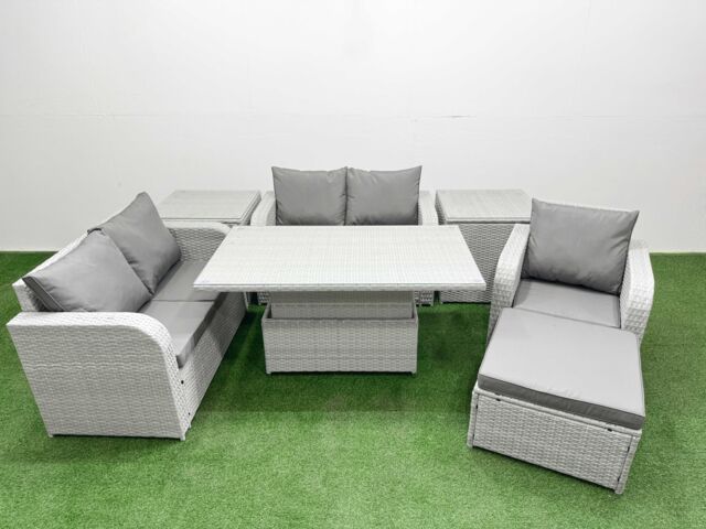Fimous High Back Poly Rattan Garden Furniture Set w/ Reclining Chair Loveseat Sofa Adjustable Lifting Dining or Coffee Table Indoor Outdoor Patio Set - image 1