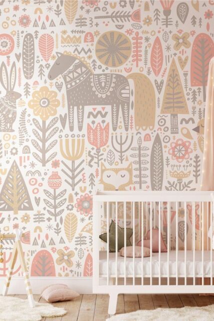 Origin Murals Scandi Forest Animals Wall Mural in Pink - Size: W300 cm x H240 cm - image 1