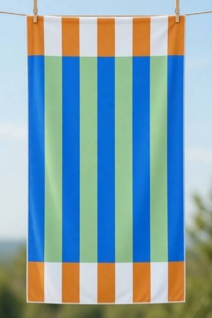 Dyzi Contrasting Stripe Cotton Beach Towel Soft Absorbent 70x152cm in Blue - Size: 70x152 cm