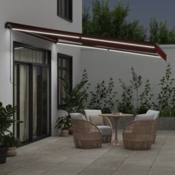Berkfield Home Manual Retractable Awning with LEDs Burgundy 400x300 cm in Black - thumbnail 3