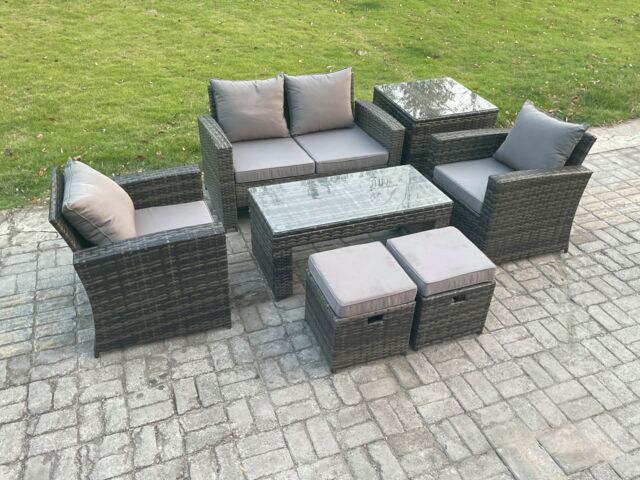 Fimous 6 Seater Outdoor Rattan Garden Furniture Set Patio Lounge Sofa Set with Coffee Table Side Table 2 Small Footstools in Dark Grey