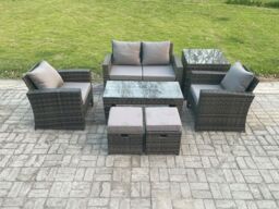 Fimous 6 Seater Outdoor Rattan Garden Furniture Set Patio Lounge Sofa Set with Coffee Table Side Table 2 Small Footstools in Dark Grey - thumbnail 2
