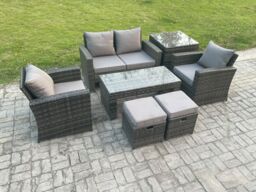 Fimous 6 Seater Outdoor Rattan Garden Furniture Set Patio Lounge Sofa Set with Coffee Table Side Table 2 Small Footstools in Dark Grey - thumbnail 1