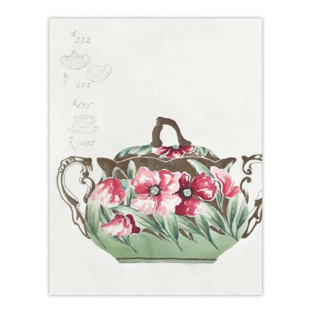 "Artery8 Vintage Sugar Bowl Poppy Design Vintage Wall Art Print Noritake in Green - Size: W12"" x H16""" - image 1