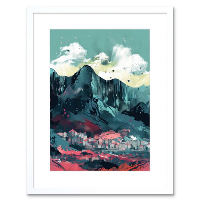 "Artery8 Wall Art Print Town Below Tall Mountain Cliffs Coral & Teal Artwork Framed 9X7 Inch in White - Size: W7"" x H9""" - image 1