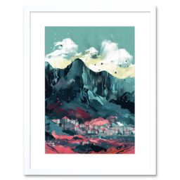 "Artery8 Wall Art Print Town Below Tall Mountain Cliffs Coral & Teal Artwork Framed 9X7 Inch in White - Size: W7"" x H9""" - thumbnail 1