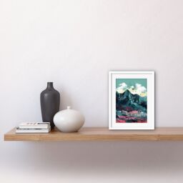 "Artery8 Wall Art Print Town Below Tall Mountain Cliffs Coral & Teal Artwork Framed 9X7 Inch in White - Size: W7"" x H9""" - thumbnail 2