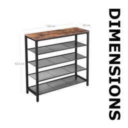 Pirlo Plush 5 Tier Industrial Shoe Rack Hallway Storage Organiser in Brown - thumbnail 7