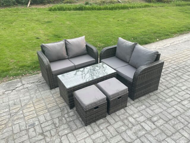 Fimous Patio Garden Furniture Sets Wicker Outdoor Rattan Furniture Sofa Sets with Rectangular Coffee Table 2 Small Footstools in Dark Grey - image 1