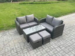 Fimous Patio Garden Furniture Sets Wicker Outdoor Rattan Furniture Sofa Sets with Rectangular Coffee Table 2 Small Footstools in Dark Grey - thumbnail 1