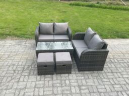 Fimous Patio Garden Furniture Sets Wicker Outdoor Rattan Furniture Sofa Sets with Rectangular Coffee Table 2 Small Footstools in Dark Grey - thumbnail 2