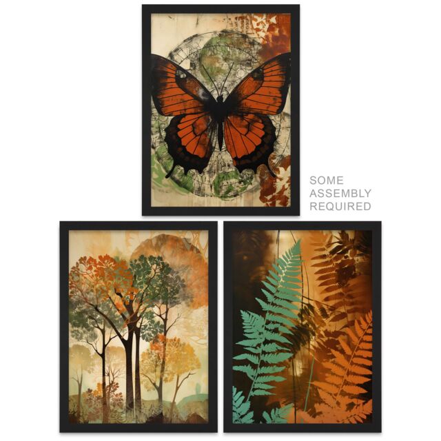Artery8 A4 Wall Art & Frame Set of 3 Botanical Autumn Butterfly Ferns Trees in Orange - image 1
