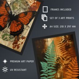 Artery8 A4 Wall Art & Frame Set of 3 Botanical Autumn Butterfly Ferns Trees in Orange - thumbnail 3