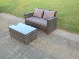 Fimous Dark Mixed Grey High Back Rattan Garden Furniture 2 Seater Love Seat Sofa With Oblong Coffee Table in Dark Grey - thumbnail 2