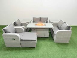 Fimous 7 Seater Outdoor Reclining Chair Love Sofa Set Rattan Garden Furniture Set with Firepit Dining Table Footstool 2 Side Tables Light Grey - thumbnail 2