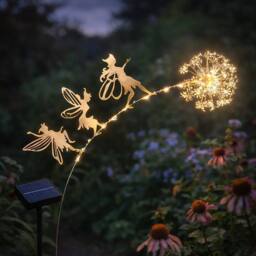 VOGREX 70cm Solar Dandelion Fairy Light Metal Garden Stake Ornament Light in Silver - thumbnail 3