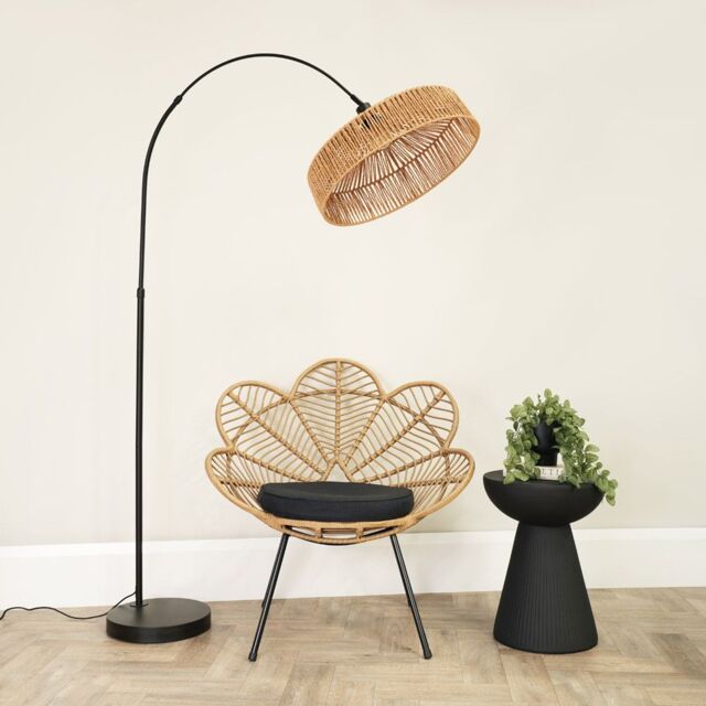 ValueLights Louis Black Arched Curved Floor Lamp with Natural Rope Pendant Lamp Shade in Brown - image 1