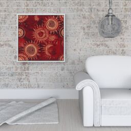 "Warren Reed - Designer Abstract Red Moon & Sun Framed Canvas in Off-White - Size: W30"" x H30""" - thumbnail 2