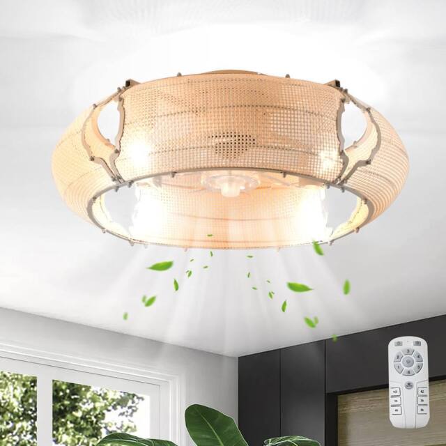 NIVOR 53cm Boho Rattan Farmhouse Caged Reversible Ceiling Fan with Light in Natural - image 1