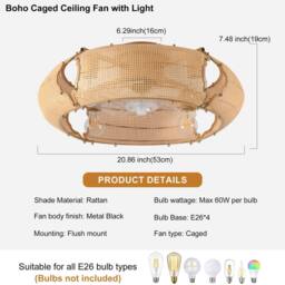 NIVOR 53cm Boho Rattan Farmhouse Caged Reversible Ceiling Fan with Light in Natural - thumbnail 2