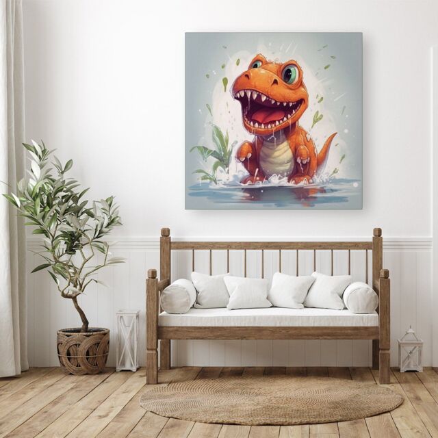 "Warren Reed - Designer Dino Having A Splash Canvas in Orange - Size: W30"" x H30""" - image 1