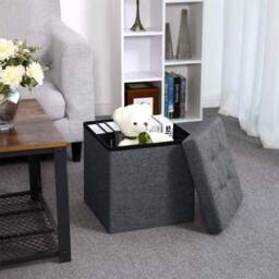 Dprodo Linen Storage Ottoman Folding Foot Rest Stool, 38cm x 38cm x 38cm in Dark Grey - Size: 38 cm x 38 cm x 38 cm - thumbnail 2