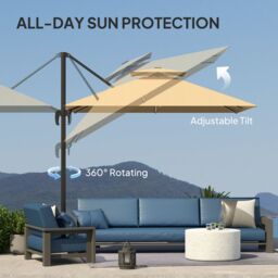 OUTSUNNY 2.5m Cantilever Parasol, Garden Parasol w 360° Rotation & Tilt, Lights in Khaki - thumbnail 4