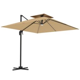 OUTSUNNY 2.5m Cantilever Parasol, Garden Parasol w 360° Rotation & Tilt, Lights in Khaki - thumbnail 2