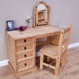 EONLION Solid Pine 4 Drawer Dressing Table Dresser Wooden Desk in Brown - thumbnail 1