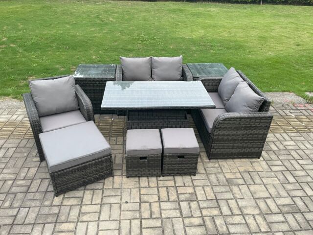 Fimous 8 Seater Rattan Furniture Garden Dining Set Outdoor Height Adjustable Rising lifting Table Love Sofa Chair With Side Table in Dark Grey - image 1