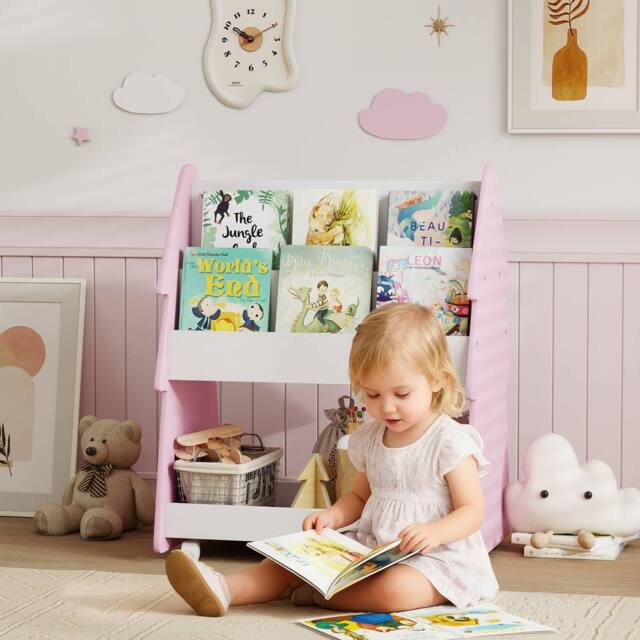 AIYAPLAY Double-Sided Children's Bookcase with Wheels for Playroom, Pink - image 1
