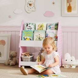 AIYAPLAY Double-Sided Children's Bookcase with Wheels for Playroom, Pink - thumbnail 1