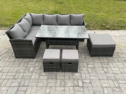 Fimous 9 Seater Outdoor Rattan Garden Furniture Set with Rectangular Dining Table 3 Footstools Patio Wicker Corner Sofa Set in Dark Grey - thumbnail 2