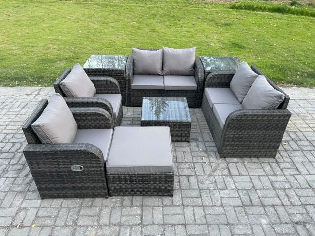 Fimous 7 Seater Rattan Sofa Set Outdoor Garden Furniture Set with Square Coffee Table Loveseat Sofa Reclining Chairs 2 Side Tables Big Footstool - image 1