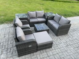 Fimous 7 Seater Rattan Sofa Set Outdoor Garden Furniture Set with Square Coffee Table Loveseat Sofa Reclining Chairs 2 Side Tables Big Footstool - thumbnail 2