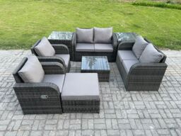 Fimous 7 Seater Rattan Sofa Set Outdoor Garden Furniture Set with Square Coffee Table Loveseat Sofa Reclining Chairs 2 Side Tables Big Footstool - thumbnail 1
