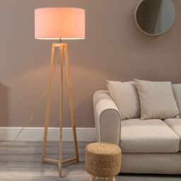 ValueLights Lottie Natural Wood Tripod Floor Lamp with Fabric Drum Shade in Pink - thumbnail 1