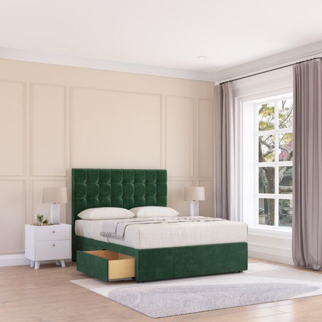 Sloomy Alabama Plush Velvet Memory Foam Bed Set With 4 Drawers, Mattress & Headboard in Emerald - Size: Double - image 1