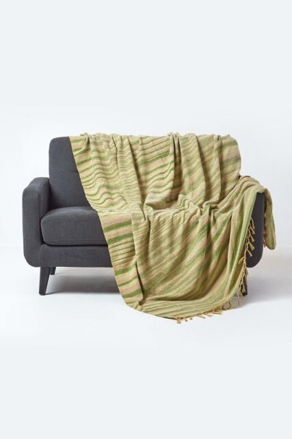 Homescapes Bed Sofa Throw Cotton Chenille Tie Dye in Green - Size: 220 cm x 240 cm