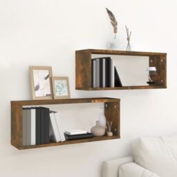 Berkfield Home Wall Cube Shelves 2 pcs Smoked Oak 60x15x23 cm Engineered Wood in Brown - Size: 60 x 15 x 23 cm - thumbnail 1